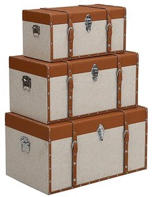 Zestaw 3 kuferków z drewna sosnowego i MDF – pokrycie ze skóry ekologicznej i tkaniny – 3 rozmiary – brązowy i taupe – JACINTO