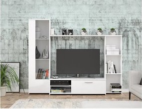 Mebel RTV PILVI Matowa Biel 220x41x177,5 cm z Półkami i Przechowywaniem z Drewna