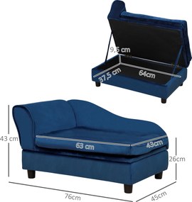 PawHut Sofa dla zwierząt ze schowkiem, miękką poduszką, nośność do 15 kg, pluszowe obicie, rama z twardego drewna, Niebieski | Aosom PL