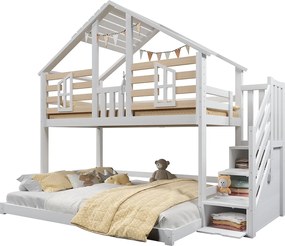 Łóżko piętrowe 90x200cm + 140x200cm - z drabiną z pojemnikami - półrama - biały + naturalny​ (materac nie jest wliczony w cenę)