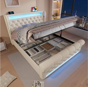 Łóżko z pojemnikiem 160x200 cm, beżowy aksamit, łóżko podwójne z oświetleniem LED i portami USB - bez materaca