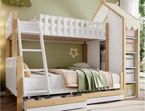 Łóżko piętrowe 90x200cm + 140x200cm - z drabiną - 2 szuflady - z półką - biały + naturalny (materac nie jest w zestawie)