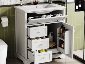 Meble łazienkowe z ceramiczną umywalką - 1 drzwi i 3 szuflady - biały (bateria nie jest dołączona)