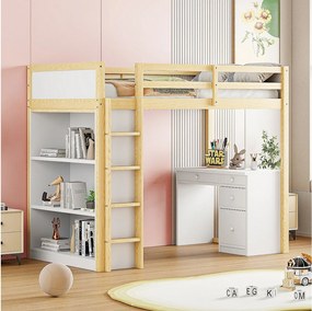 Łóżko piętrowe 90 x 200 cm ze schowkiem i biurkiem komputerowym - lite drewno i płyta MDF - naturalne i białe (bez materaca)