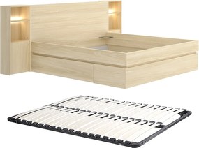 Łóżko z szafkami nocnymi i schowkami 160 x 200 cm – Z oświetleniem LED i portem USB – Kolor: Jasny naturalny + Stelaż - LARONIA
