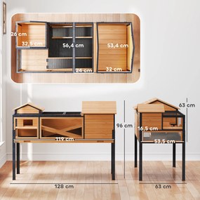 PawHut Domek dla żółwia, wybieg dla małych zwierząt, 2 pomieszczenia, 2 piętra, okna, rampy, akcesoria, drewno, stal, Żółty