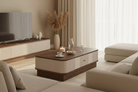 Stolik kawowy z szufladą Vesper 103x60 cm na cokole - kaszmir / orzech / złoty uchwyt