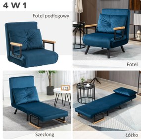 HOMCOM Aksamitny Fotel Relaksacyjny - Funkcja Leżanki, Niebieski Kolor, 63x73x81cm - Wygoda na Co Dzień | Aosom PL