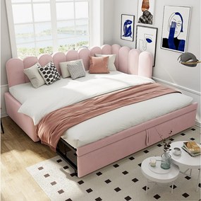 Rozkładana sofa 2 w 1 dla dzieci - 90/180 x 200 cm - w kształcie litery L - aksamit + sklejka + MDF - różowy