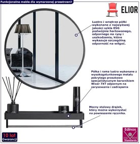 Czarne lustro łazienkowe 70 cm średnicy z półką - Traves