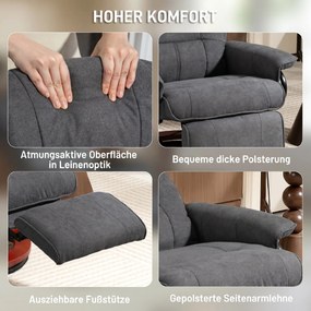 HOMCOM Obracany fotel relaksacyjny, wygląd lnu, ręcznie regulowany fotel z drewnianą podstawą, podnóżek, wysokie oparcie, szary | Aosom PL