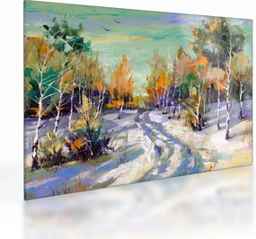 Obraz na szkle - Zaśnieżona ścieżka przez las, obraz olejny (70x50 cm)