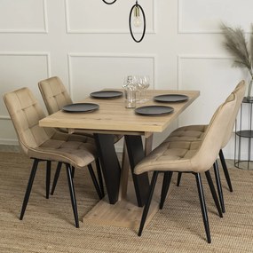 Zestaw Stół Prostokątny Rozkładany CLARK 120-160 cm Dąb Artisan/Czarny i 4 Krzesła Tapicerowane do Jadalni RIO Beżowe Welurowe