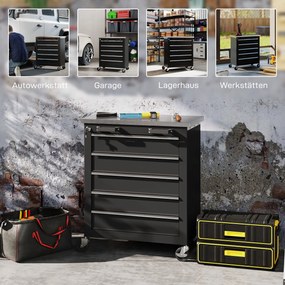 HOMCOM Szafka narzędziowa z 5 szufladami, przenośna skrzynia narzędziowa na kółkach, wózek narzędziowy ze stali, odcień srebra+czarny