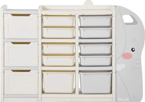 Szafka do Przechowywania Zabawek dla Dzieci SucceBuy, 4-poziomowa w Kształcie Słonia, z 10 Wyjmowanymi Plastikowymi Pojemnikami, do Pokoju Zabaw, Szara i Beżowa