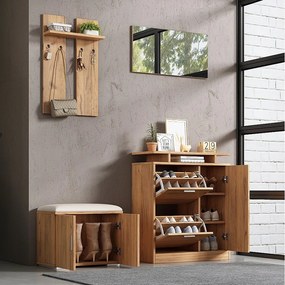 Komplet szaf wnękowych do przedpokoju - 140 x 35 x 133 cm - z ławką i szafką na buty + 1 lustro + półka ścienna - płyta wiórowa - naturalny