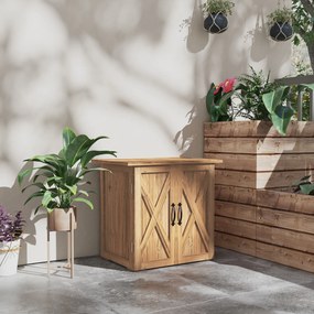 Outsunny Szafka na Narzędzia Ogrodowe z Podwójnymi Drzwiami, Zamknięcie Magnetyczne, Odporna na Warunki Pogodowe, Drewno Naturalne, 77S x 55G x 72W cm, Brązowy