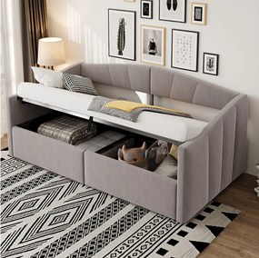 Sofa tapicerowana z funkcją spania - 90 x 200 cm - z hydraulicznym schowkiem + stelażem i podłokietnikami - welur - szara