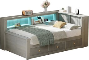 Drewniana sofa dziecięca z funkcją spania - 90 x 200 cm - z półką do przechowywania + 3 szuflady + diody LED - płyta MDF + sklejka - szara
