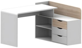Biurko narożne DECLAN II – MDF – 3 szuflady i 2 wnęki – kolor: biały i dębowy