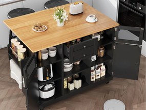 Mobilna wyspa kuchenna 140×70×93,5 cm - 2 szuflady i 4 drzwi - rozsuwana blata - regulowane półki - czarna