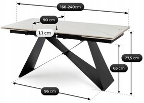 Stół Rozkładany Prostokątny VICTOR 160-240 cm Ceramiczny Biały Marmur/Czarny do Jadalni Nowoczesny Loft