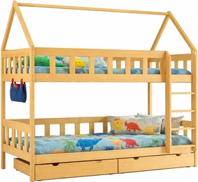 Drewniane łóżko piętrowe przypominające domek, sosna A5-F81