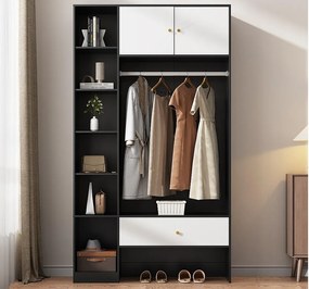 Szafa 105x40x185 cm - z 1 szufladą i 2 drzwiami - z wieszakiem na ubrania i otwartymi przegródkami do przechowywania - Biały + Czarny