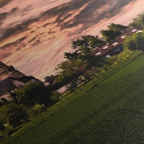 Obraz krajobrazu z kościołem (z zegarem) (90x30 cm)
