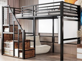 Łóżko mezzanine dla dzieci 90x200cm - z drabiną bezpieczeństwa i schowkami - Czarne