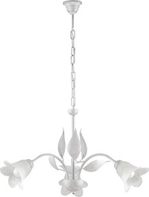 Olga - Biały lakierowany żyrandol z żelaza z antycznymi srebrnymi zdobieniami i białymi kloszami z alabastru, 3 lampy 103 - Ø60 - BL155-3-BA