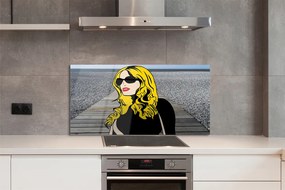 Szkło do Kuchni na Ścianę Kobieta w Okularach i Czerwonych Ustach