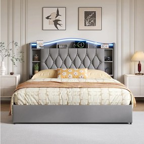 Łóżko z pojemnikiem 160x200 cm szare welurowe z zagłówkiem LED, USB, ładowaniem Type-C i hydraulicznym schowkiem