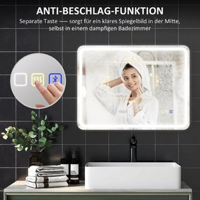HOMCOM Lustro łazienkowe z podświetleniem LED, mata przeciwmgielna, 3 regulowane kolory, zegar, 600 x 800 mm, kolor srebrny | Aosom PL