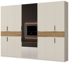 Duża szafa garderobiana z lustrem 360 x 240 cm – Kaszmirowy Beż / Dąb Carpenter Whisky