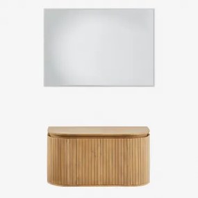 Zestaw Mebli Łazienkowych Z Drewna Mango Analis Naturalna & Without Sink & Prostokątna Lampa Led I Przeciwmgielna 100x70 Cm Riben & Bez Kranu - Sklum