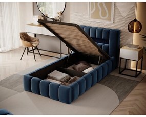 Ciemnoniebieskie tapicerowane łóżko jednoosobowe ze schowkiem ze stelażem 90x200 cm Lamica – ELTAP