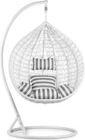 Białe wiszące krzesło KOKON ze stojakiem, biało-szara poduszka