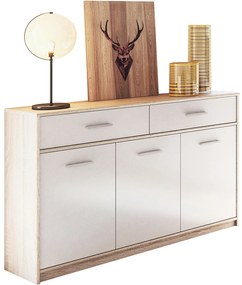 Komoda Trzydrzwiowa z Szufladami do Salonu DEW 123 cm Dąb sonoma/biała Nowoczesna