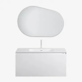 Zestaw Drewnianych Mebli Łazienkowych Macrae Ze Zintegrowaną Umywalką Biała & Owalna Lampa Led I Przeciwmgielna 100x80 - Sklum