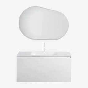 Zestaw Wiszących Mebli Łazienkowych Zintegrowany Z Umywalką Macrae Biała & Owalna Lampa Led I Przeciwmgielna 100x80 - Sklum