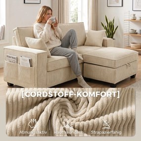 HOMCOM Narożnik z pufą z pojemnikiem, sztruks, 3-osobowy sofa w kształcie L z wypełnieniem sprężynowym, szerokie siedzisko, beżowy | Aosom PL