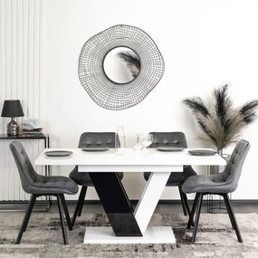 Zestaw Stół Prostokątny Rozkładany CLARK 120-160 cm Czarny/Biały Połysk i 4 Krzesła Tapicerowane do Salonu RICK Szare Welurowe