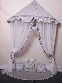 Szaro-biały baldachim dziecięcy z 3 poduszkami matą L3-S80