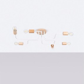 Żyrandol loft Zimbo, stal/drewno - 6 źródło światła 4000K - L.85 x H.16.5 cm - biały/naturalne drewno