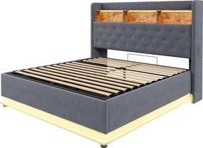 Łóżko 180x200 cm z lnu - z LED i gniazdami USB - Szare