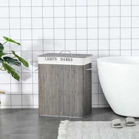 HOMCOM 100L Kosz na pranie z 3 uchwytami, z pralnym workiem na pranie, Bambus, Poliester, Bawełna, Metal, 52 x 32 x 63 cm, Szary