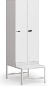 Szafka ubraniowa S1 z ławką, 2-drzwiowa, 1875 x 600 x 500/800 mm, demontaż, zamek mechaniczny z kodem, drzwi laminowane, biała