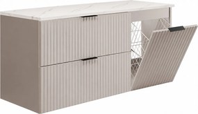 Zestaw mebli łazienkowych z koszem i blatem, czarne uchwyty, kaszmir/marmur Bianco, 120 x 46 x 58,6 cm