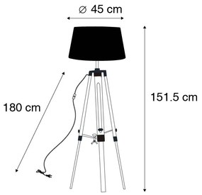 Lampa podłogowa drewno klosz lniany czarny 45cm - TripodPrzemysłowy Oswietlenie wewnetrzne